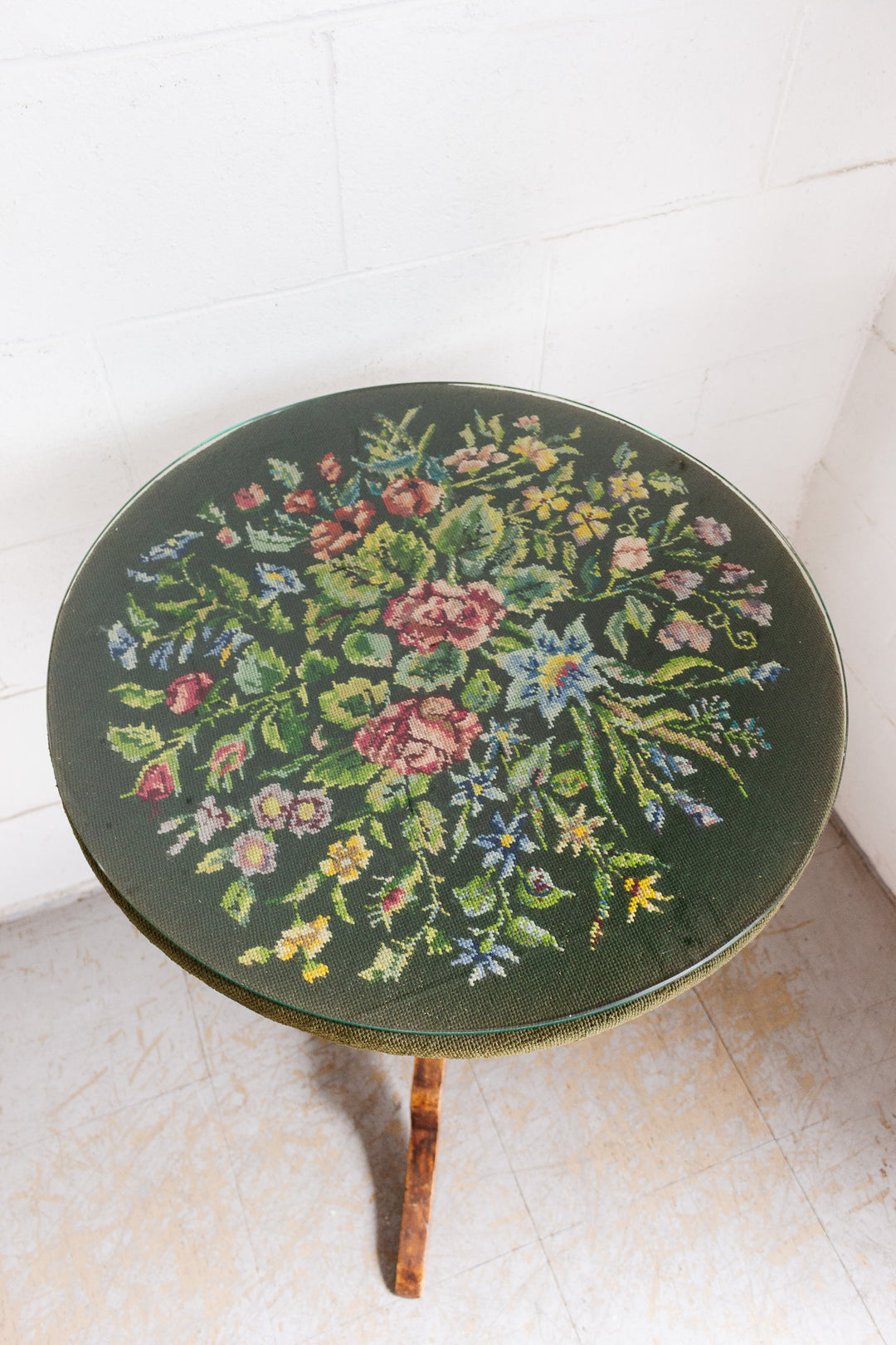 antique french turned wood occasional table with "petit point" top