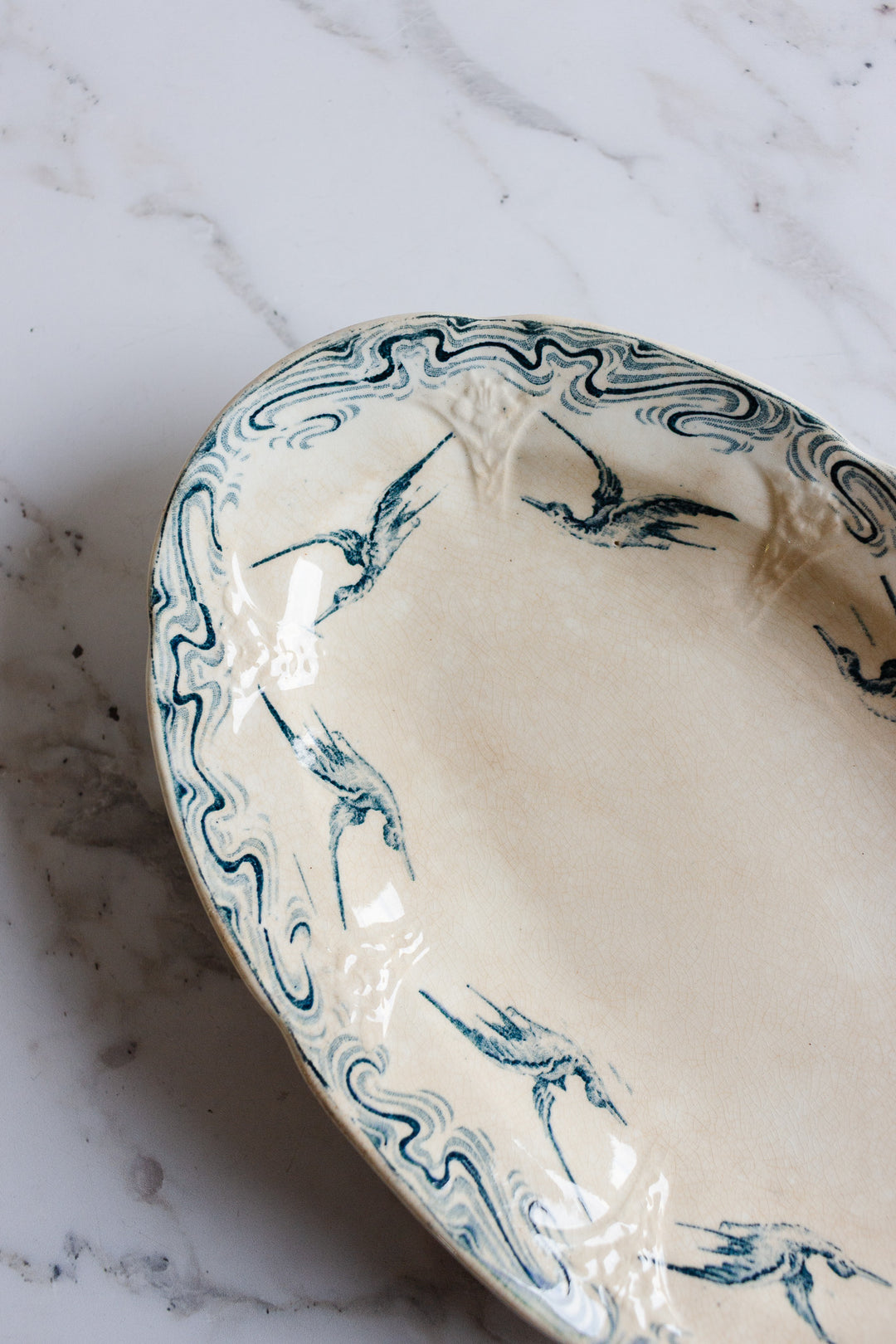 antique french longwy blue and white "oiseaux" ravier