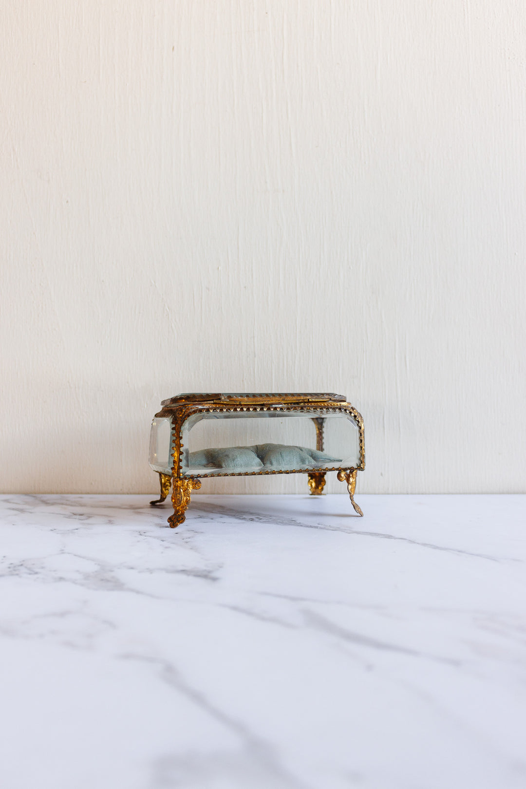 extra large turn of the century French gilt ormolu & beveled glass bijoux casket