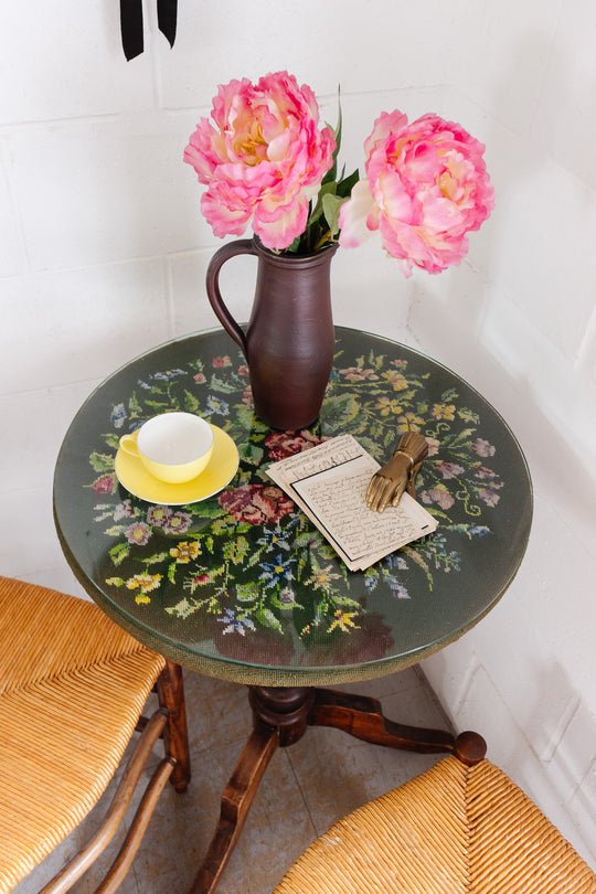 antique french turned wood occasional table with "petit point" top
