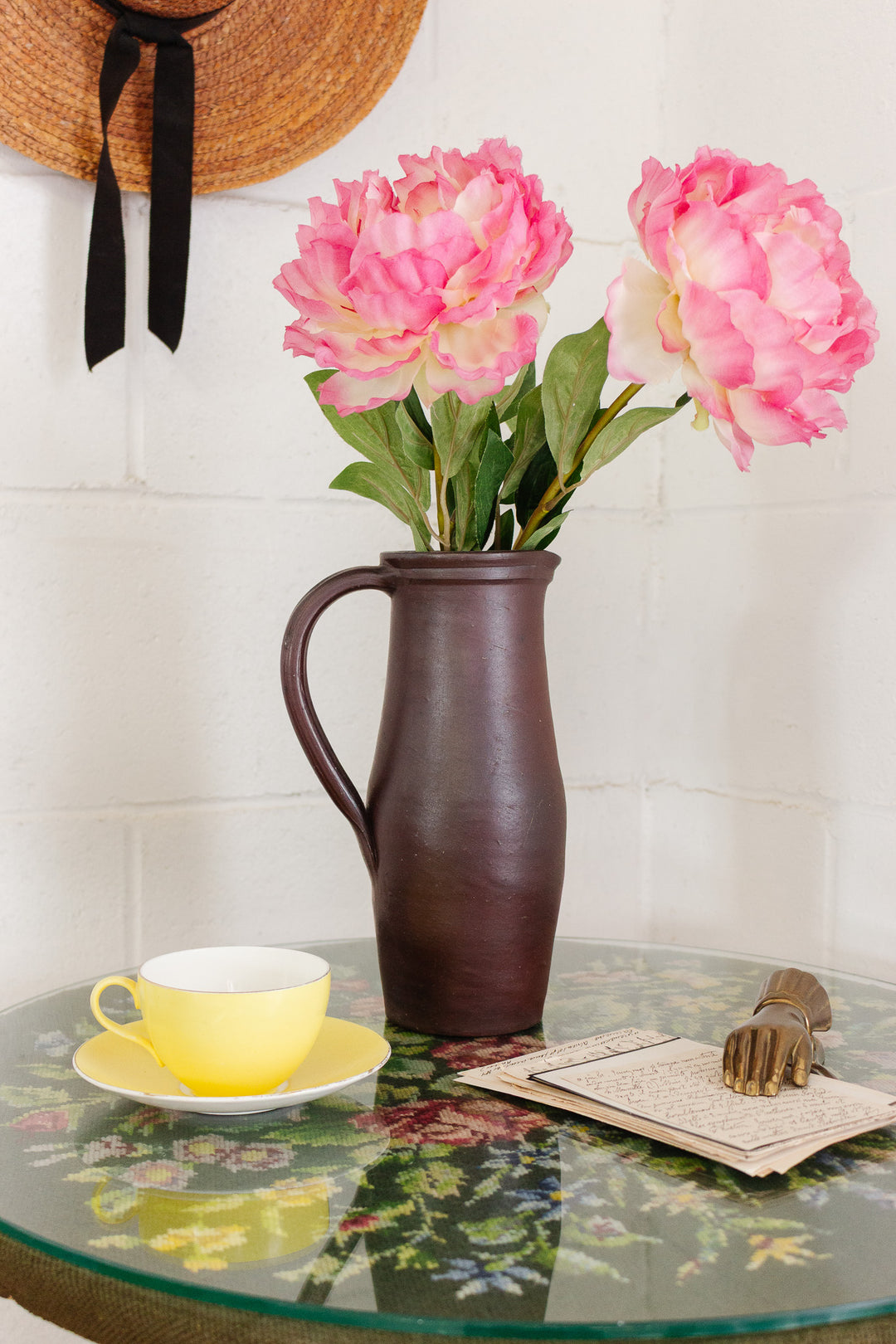 vintage french artisanal pottery tall pitcher