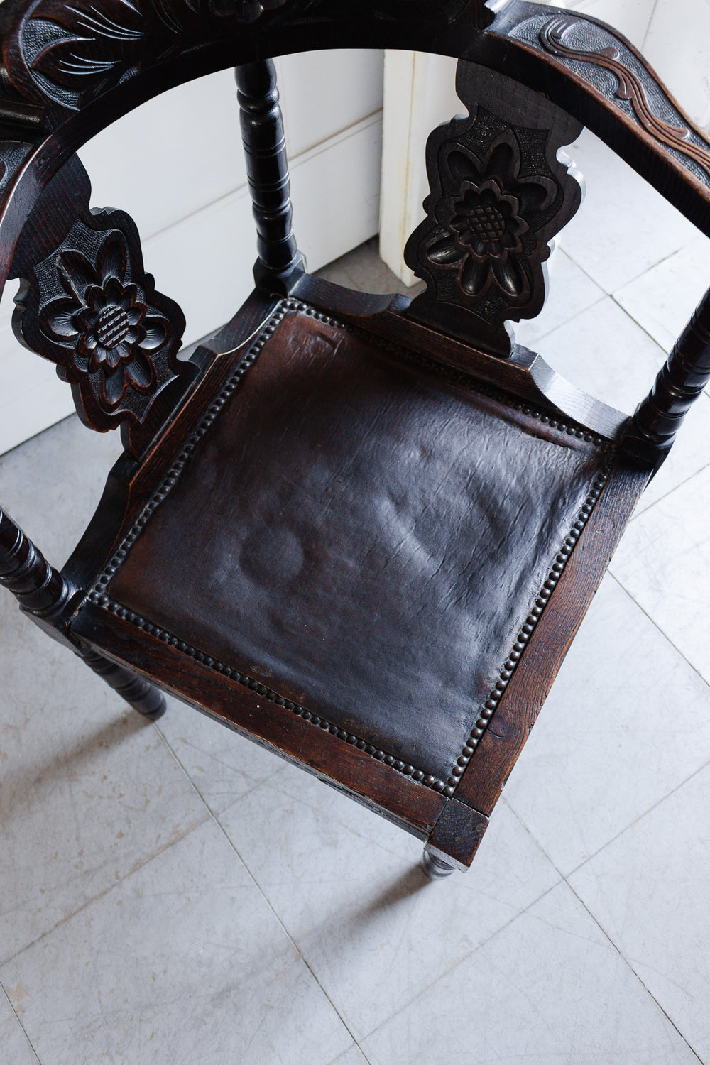 rare antique french wood and leather corner chair