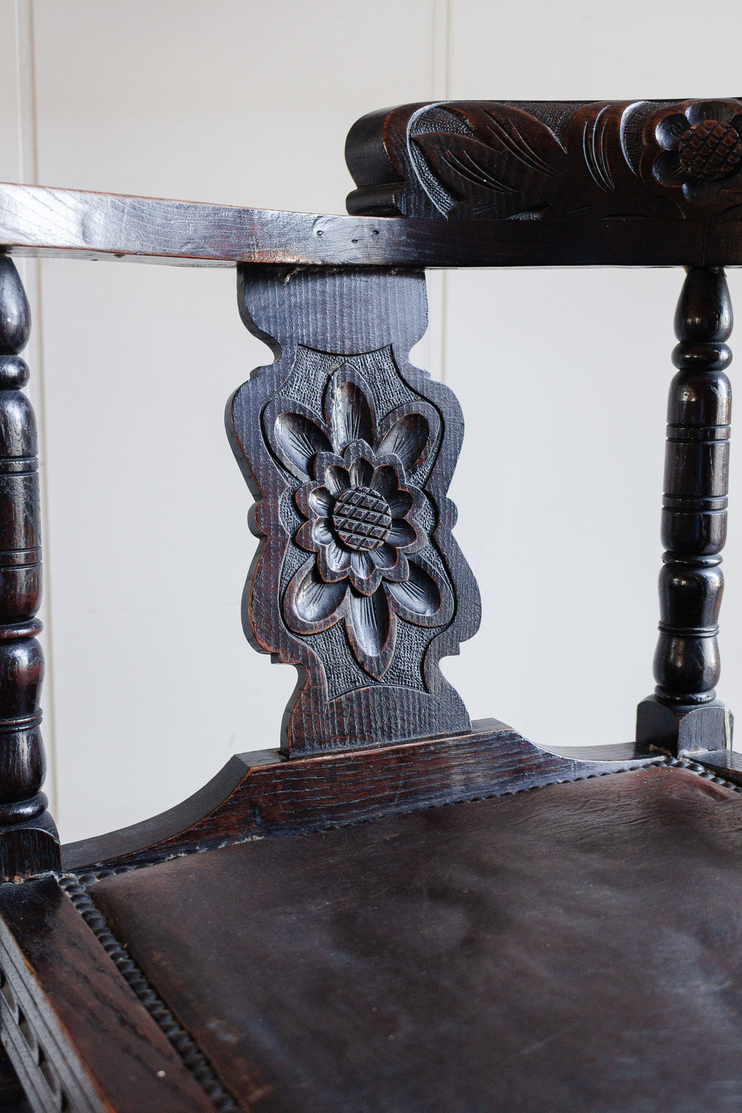 rare antique french wood and leather corner chair