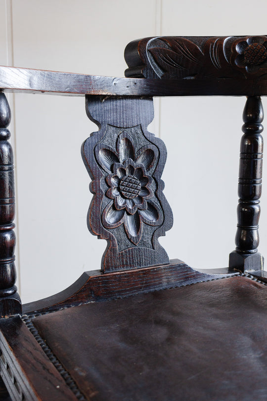 rare antique french wood and leather corner chair