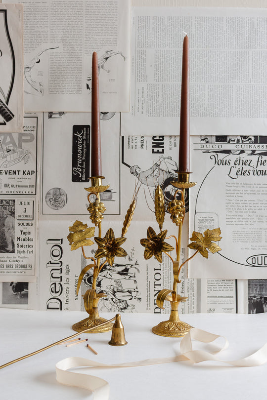 pair of vintage italian gilt tole floral candlesticks