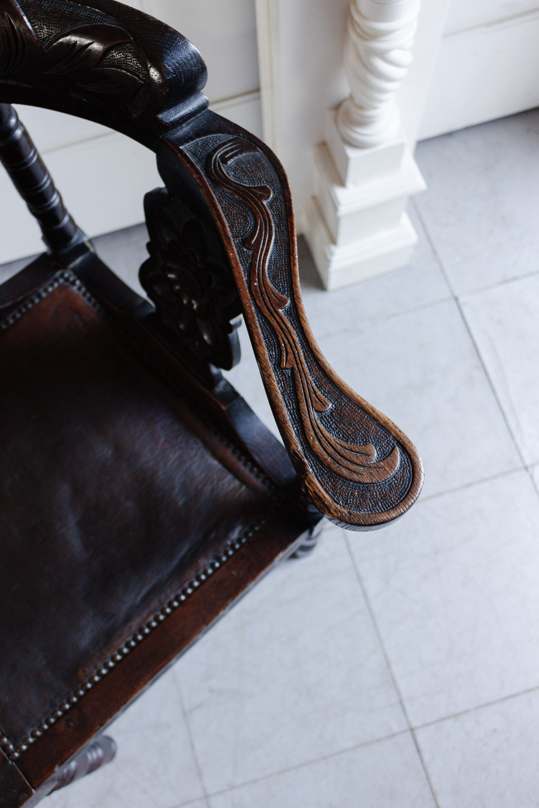 rare antique french wood and leather corner chair