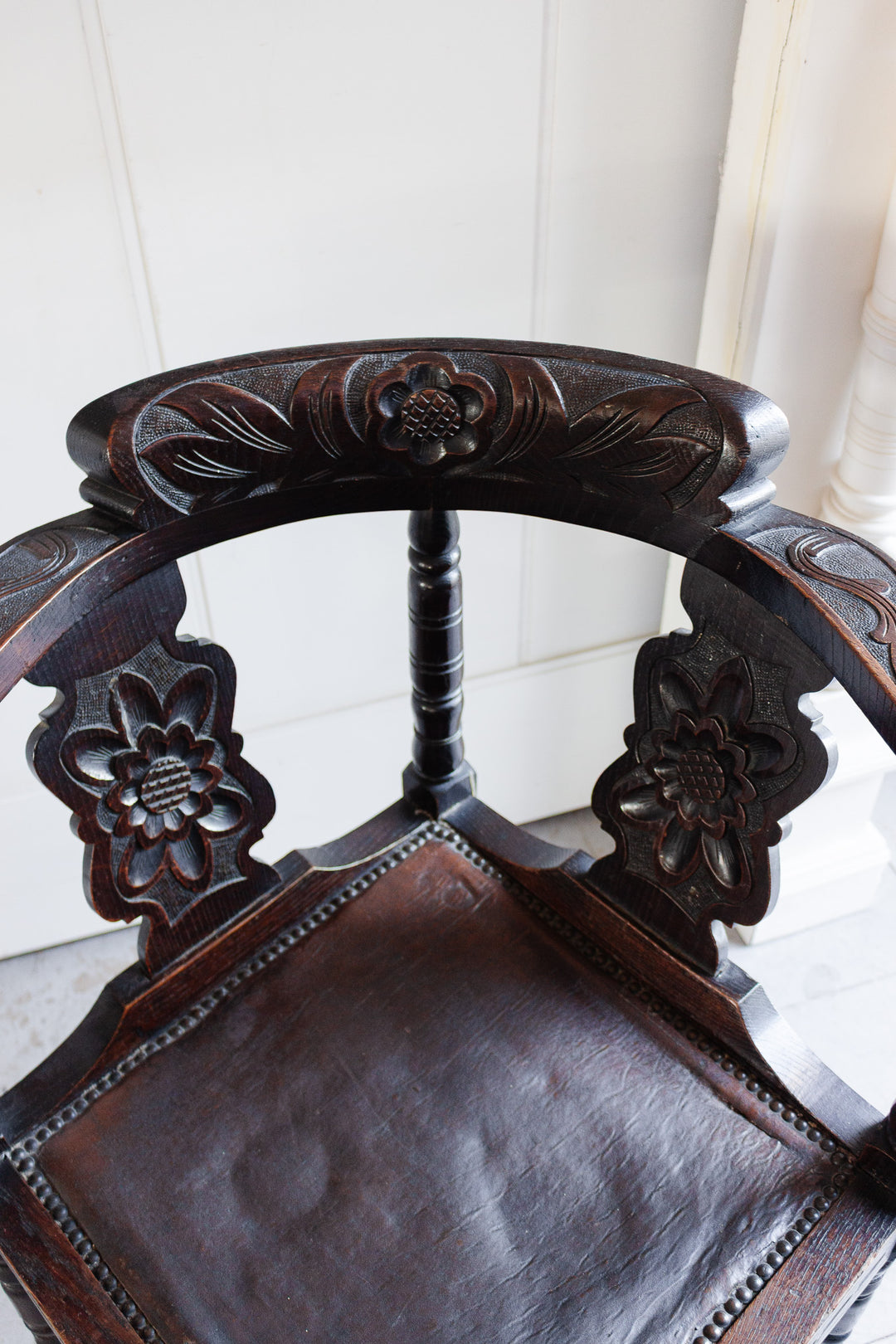 rare antique french wood and leather corner chair