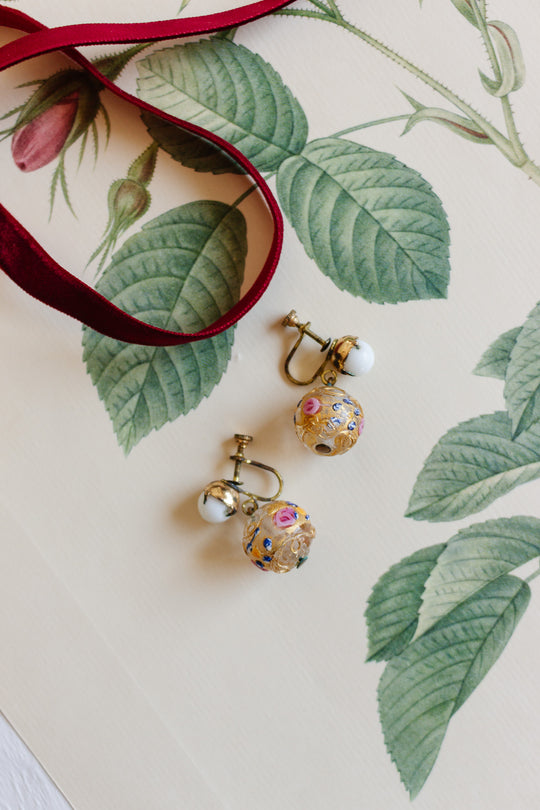 antique murano venetian white glass cabochon wedding cake bead earrings