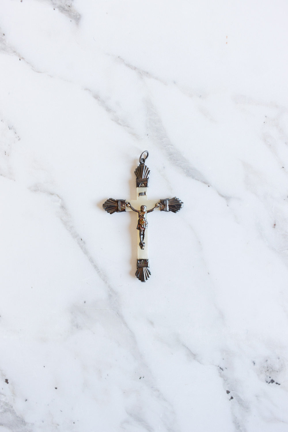 antique french silver and mother of pearl crucifix pendant