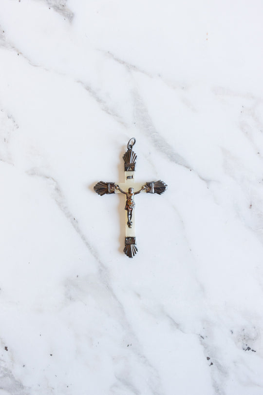 antique french silver and mother of pearl crucifix pendant