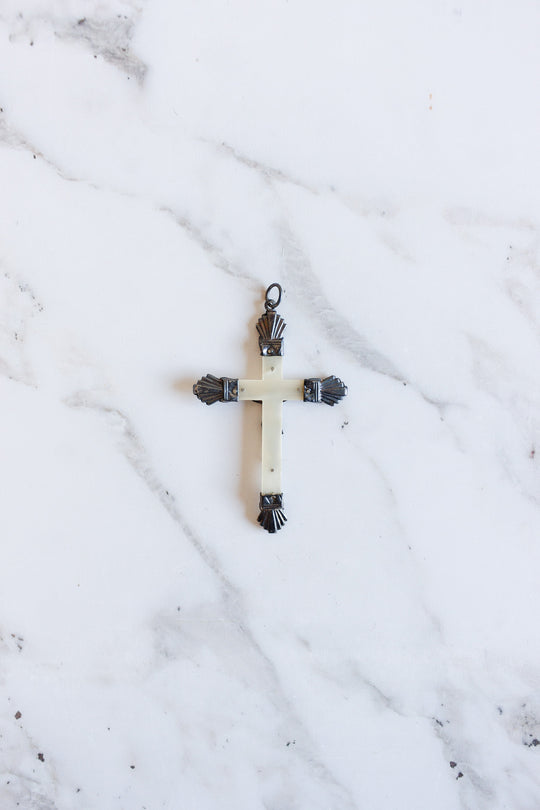 antique french silver and mother of pearl crucifix pendant