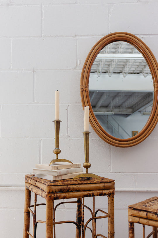 set of rare midcentury modern “atomic” brass candlesticks