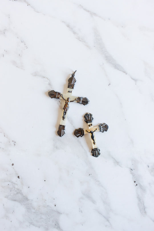 antique french silver and mother of pearl crucifix pendant