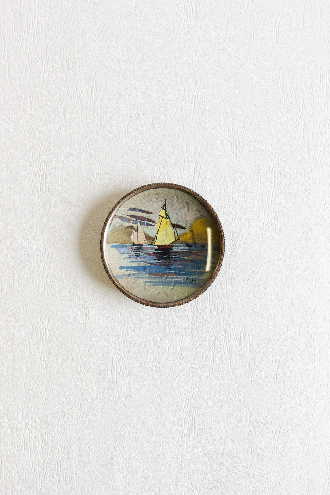 antique french trinket dish with oil on silk painting behind glass