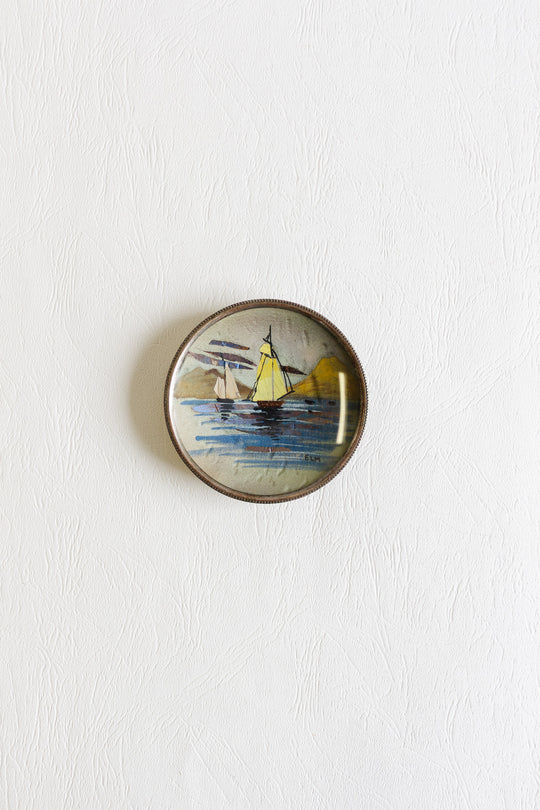 antique french trinket dish with oil on silk painting behind glass