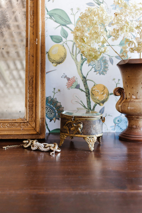 rare turn of the century oval ormolu & beveled glass art nouveau bijoux casket