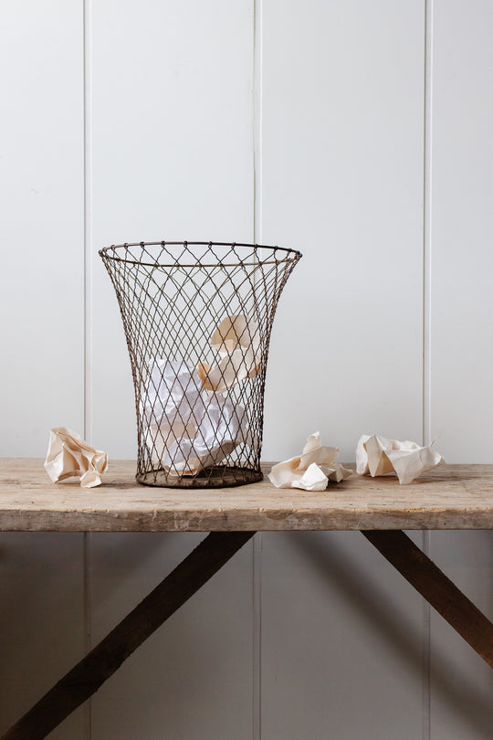 1920s french wire wastebasket, tall