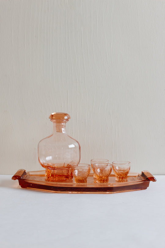 art deco french pink glass decanter with liqueur glasses and geometric tray