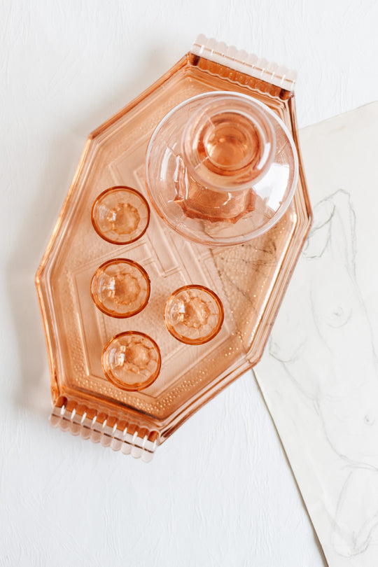 art deco french pink glass decanter with liqueur glasses and geometric tray