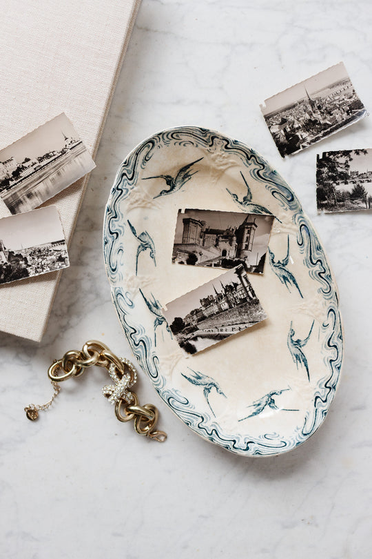 antique french longwy blue and white "oiseaux" ravier