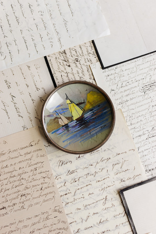 antique french trinket dish with oil on silk painting behind glass