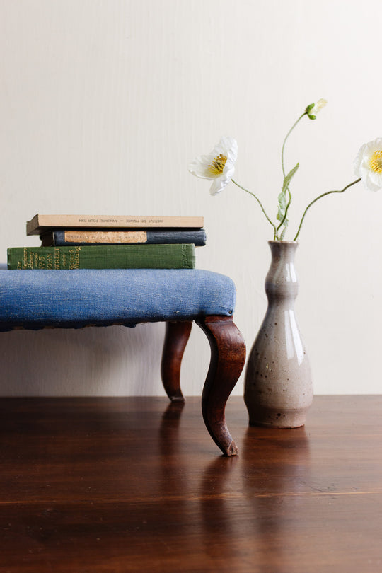 antique french blue fabric footstool with cabriole legs