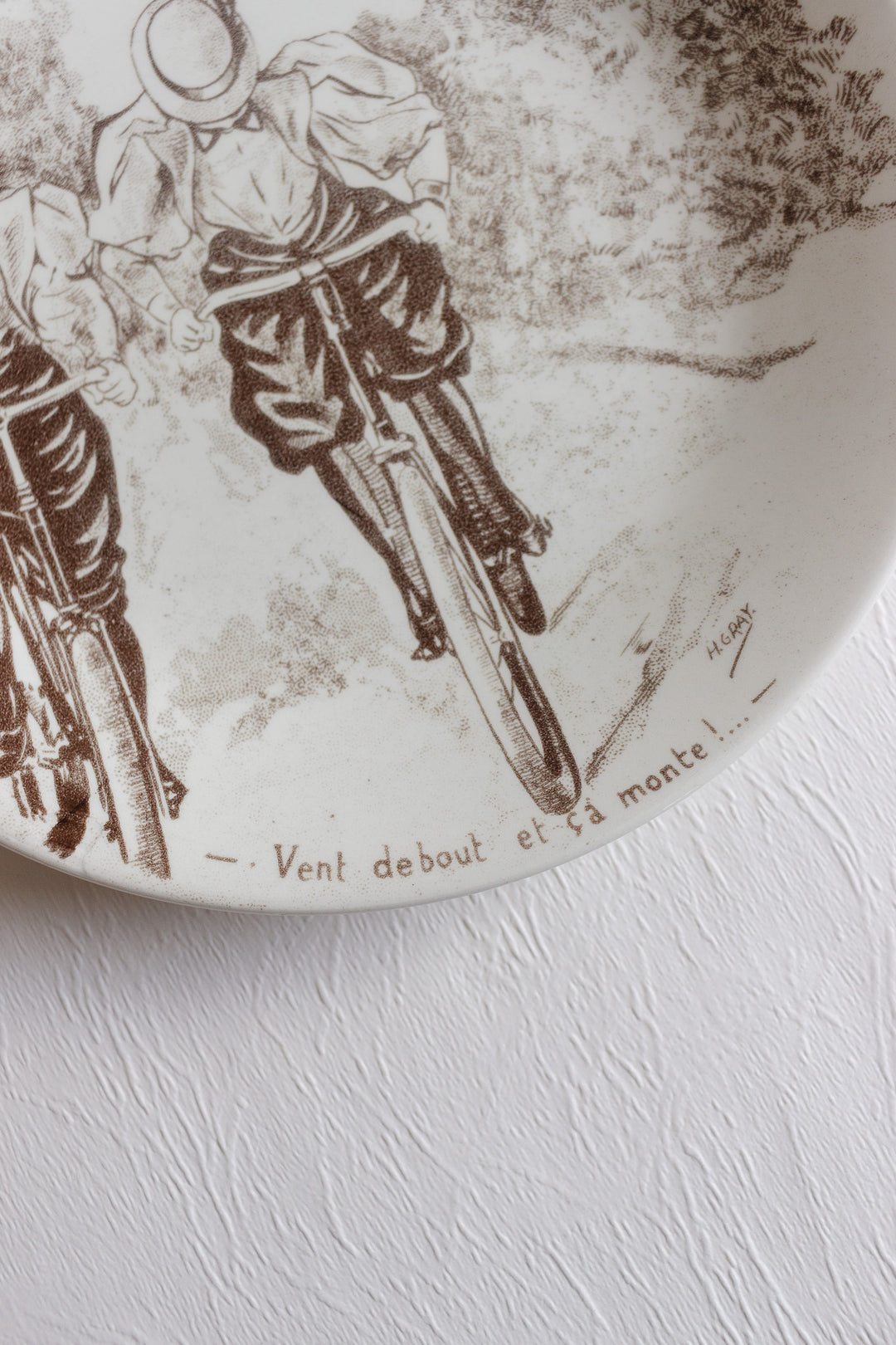 antique french sarreguemines talking plate "à l'entraînement"