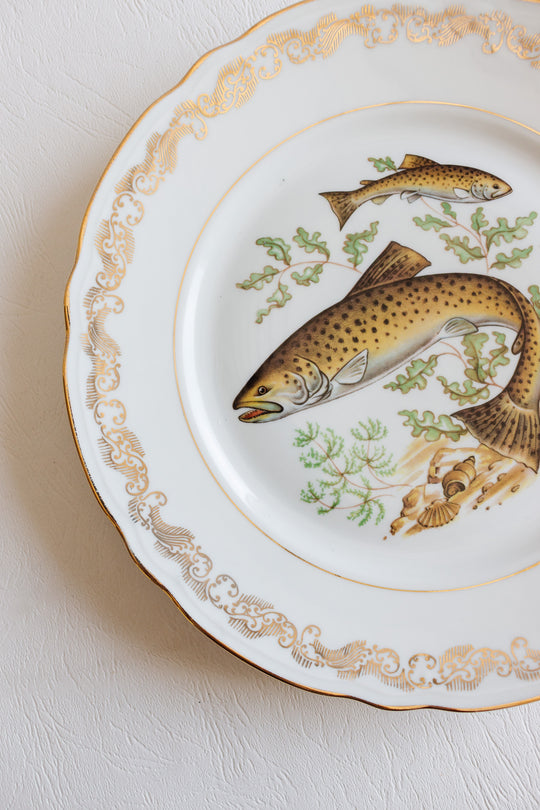 midcentury french compagnie nationale de porcelaine fish plates, set of 11
