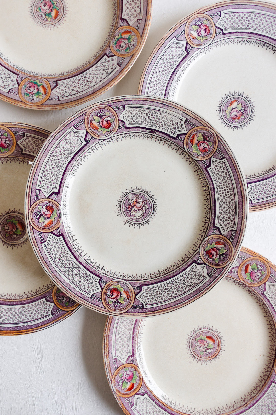 antique french set 5 of violet "terre de fer" dinner plates