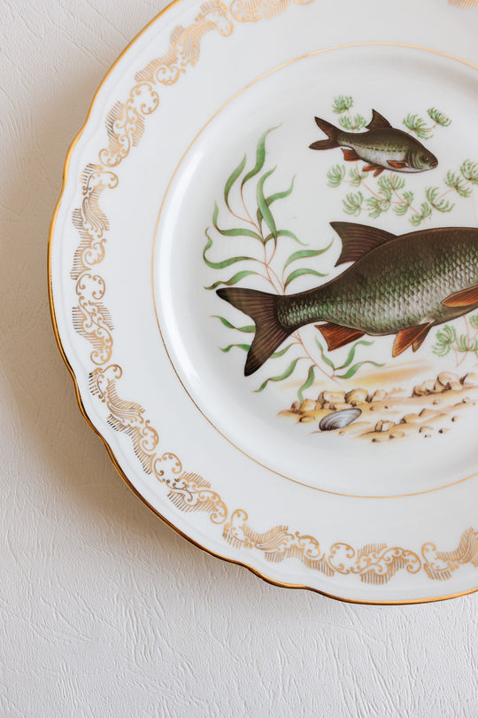 midcentury french compagnie nationale de porcelaine fish plates, set of 11