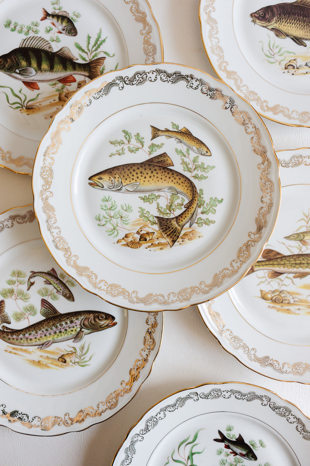 midcentury french compagnie nationale de porcelaine fish plates, set of 11