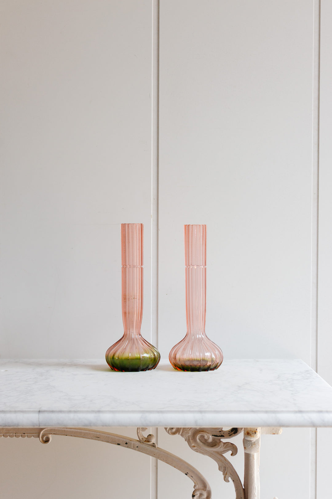 pair of striking art deco pink and green glass vases