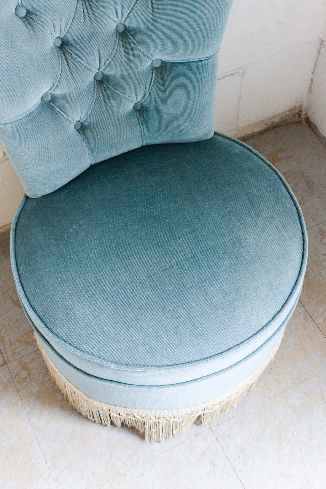 vintage french blue slipper chair with fringe