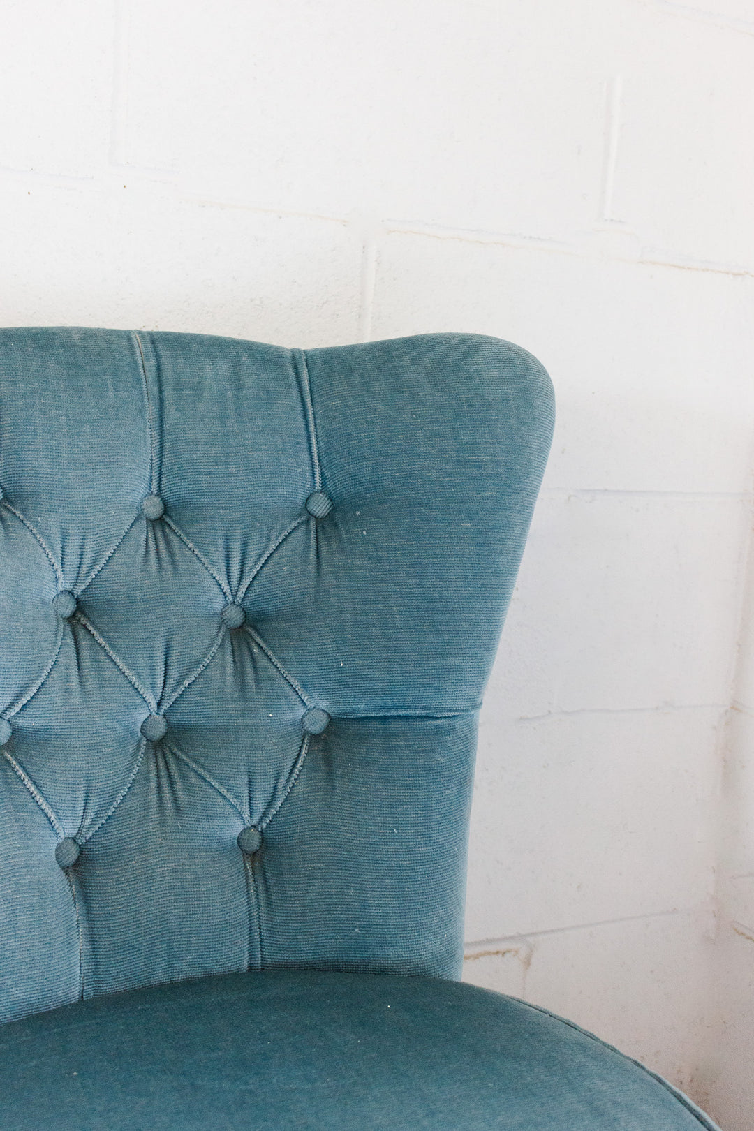 vintage french blue slipper chair with fringe
