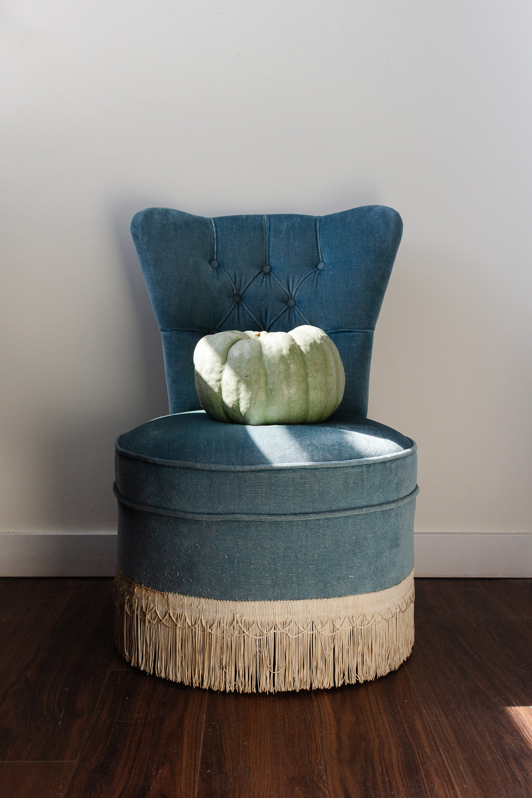 vintage french blue slipper chair with fringe
