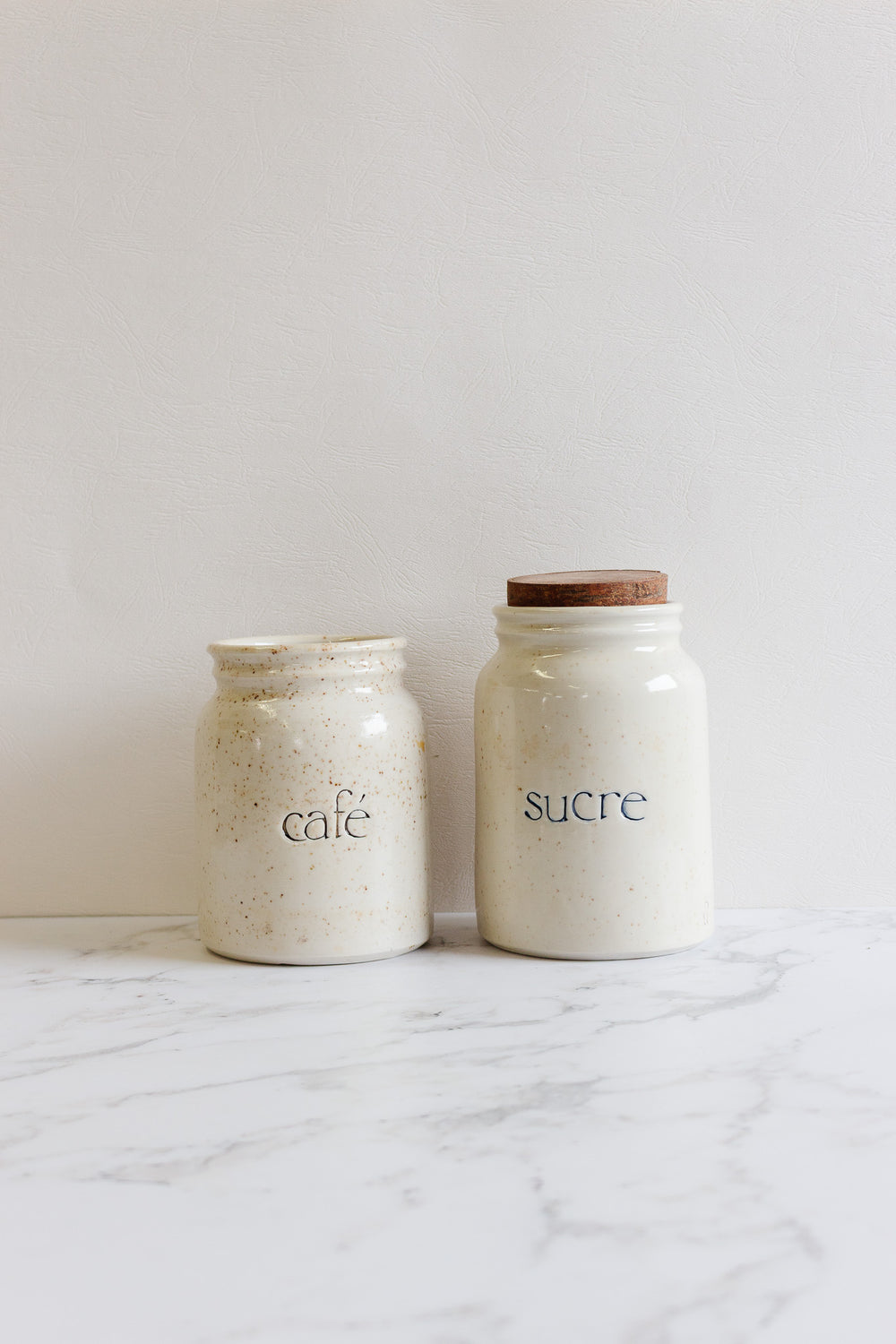 midcentury french stoneware kitchen canister pair "café et sucre"