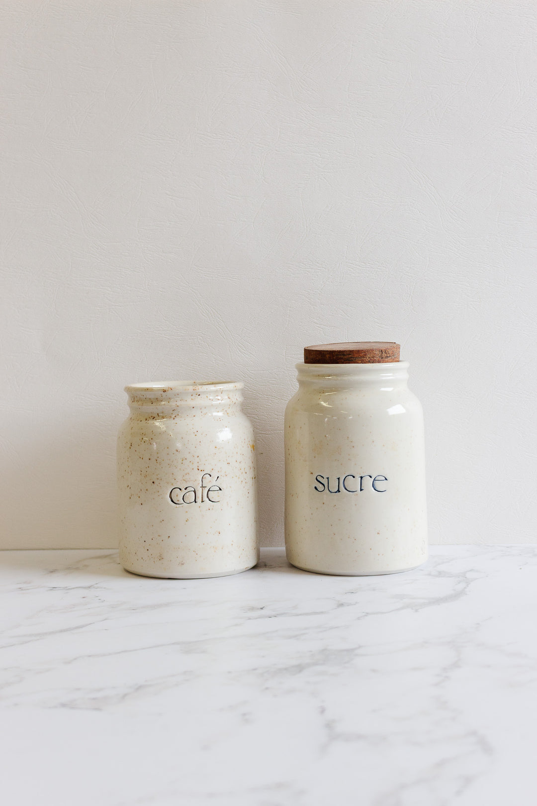 midcentury french stoneware kitchen canister pair "café et sucre"