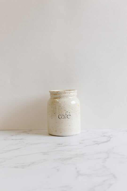 midcentury french stoneware kitchen canister pair "café et sucre"