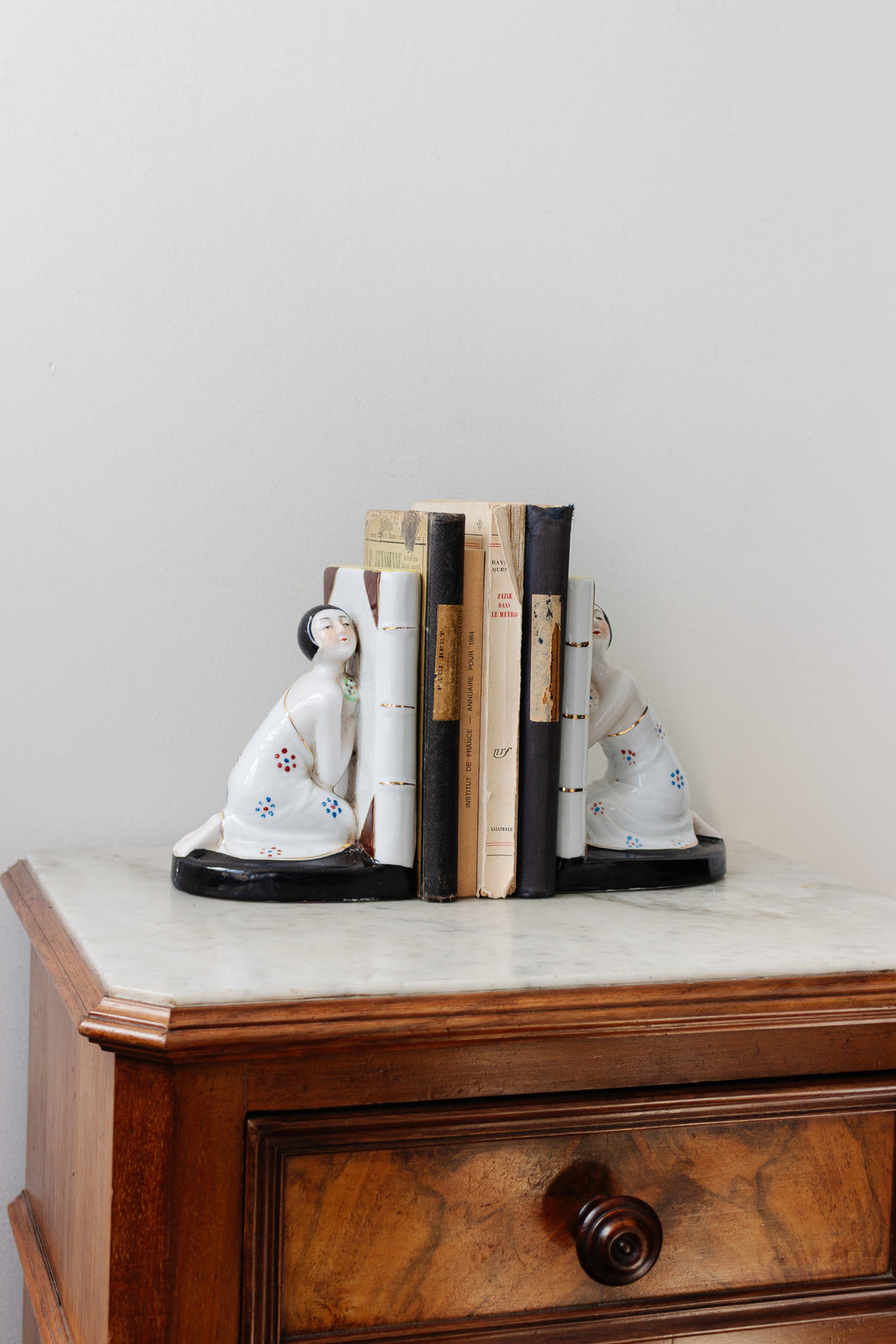art deco belgian hand painted bookends by émaux de louvière