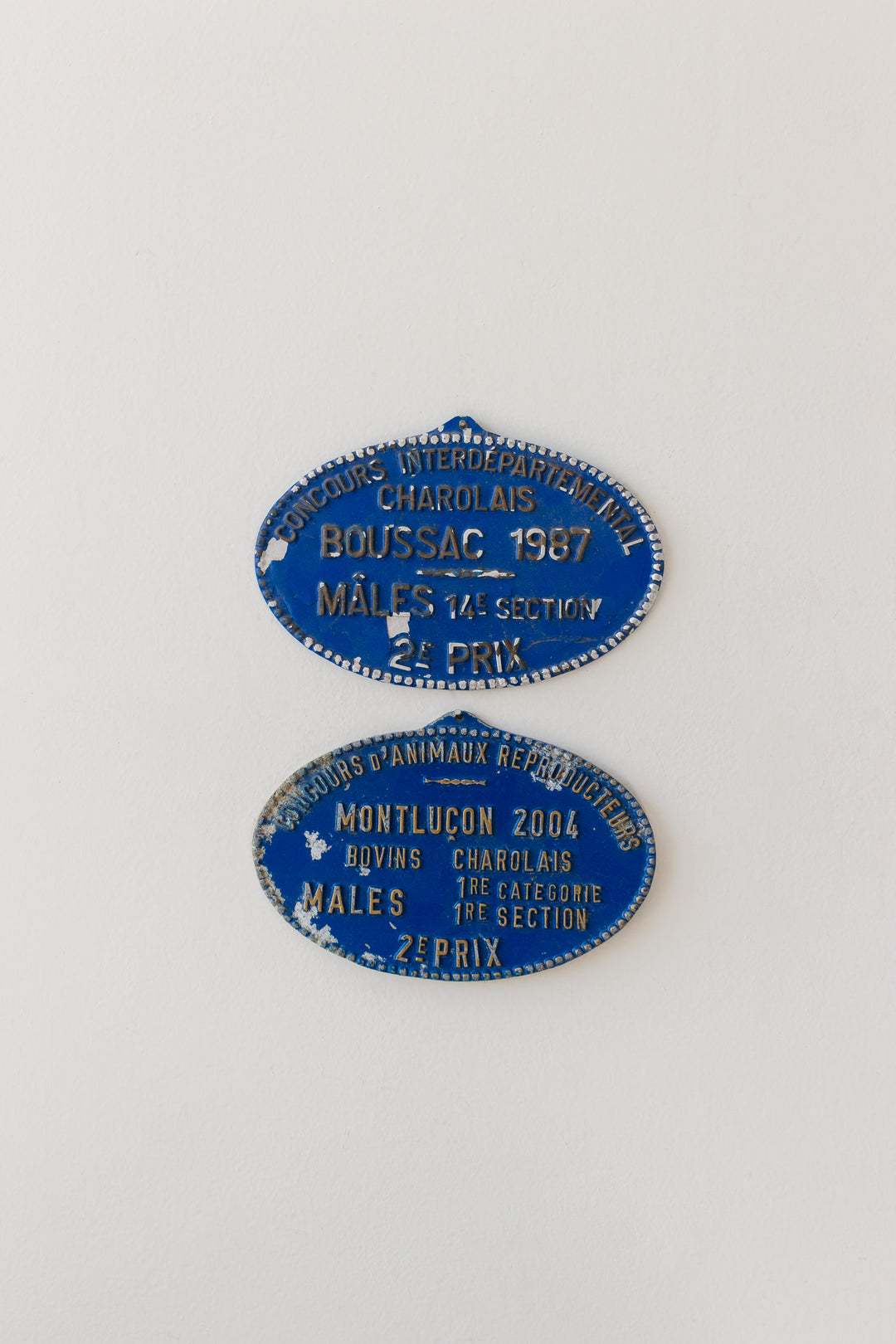 vintage french cast iron and enamel agricultural award plaques, blue