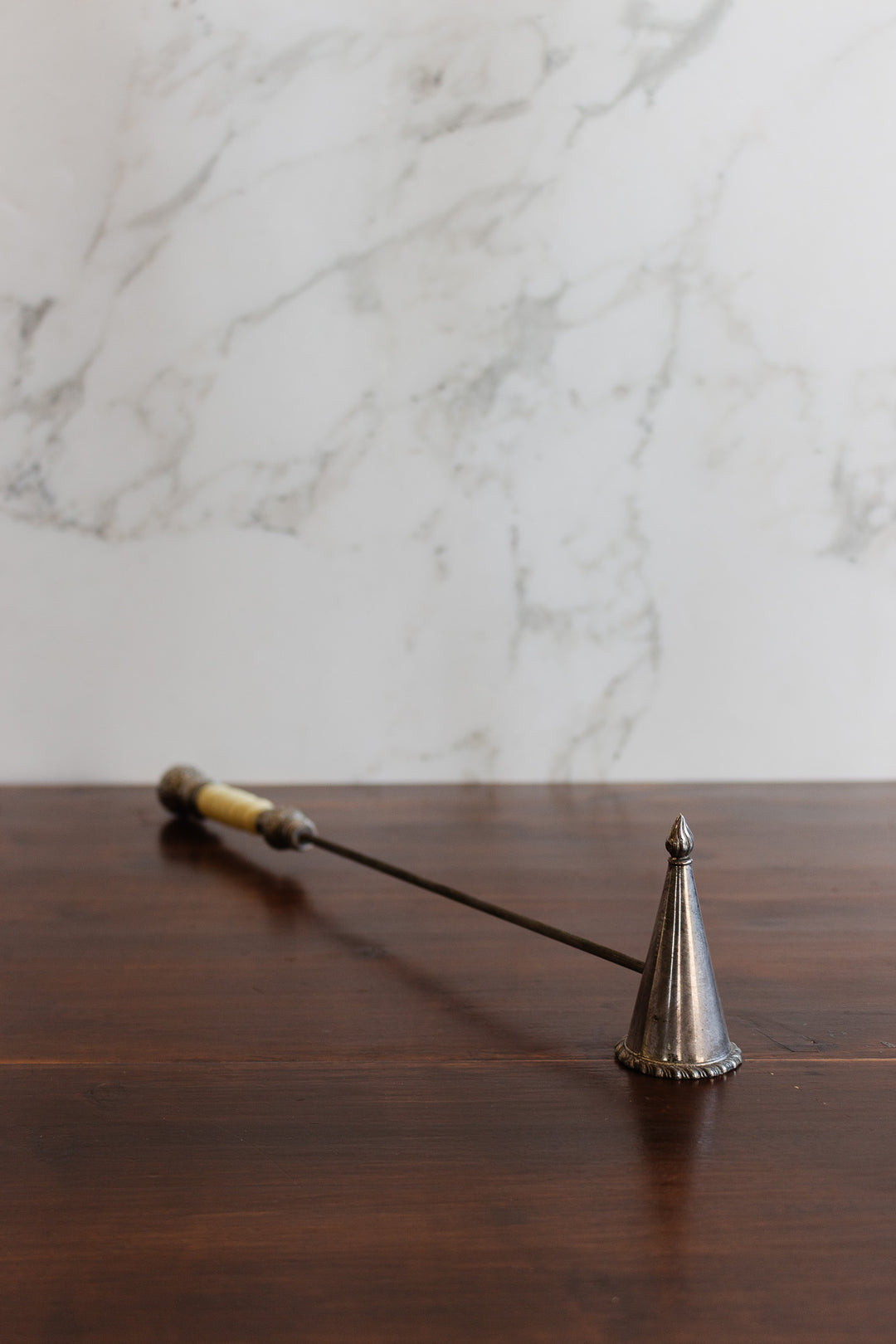 antique english extra long silverplate and "faux bone" french snuffer