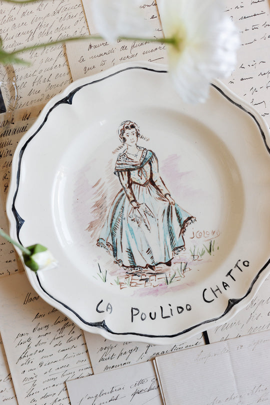 1920s sarreguemines talking plate, design by j colong