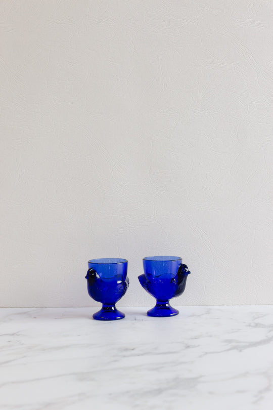 pair of vintage french cobalt glass egg cups