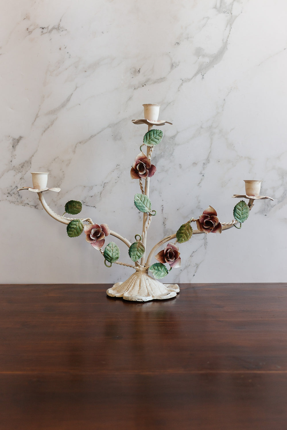 vintage italian tole candelabra with hand painted roses