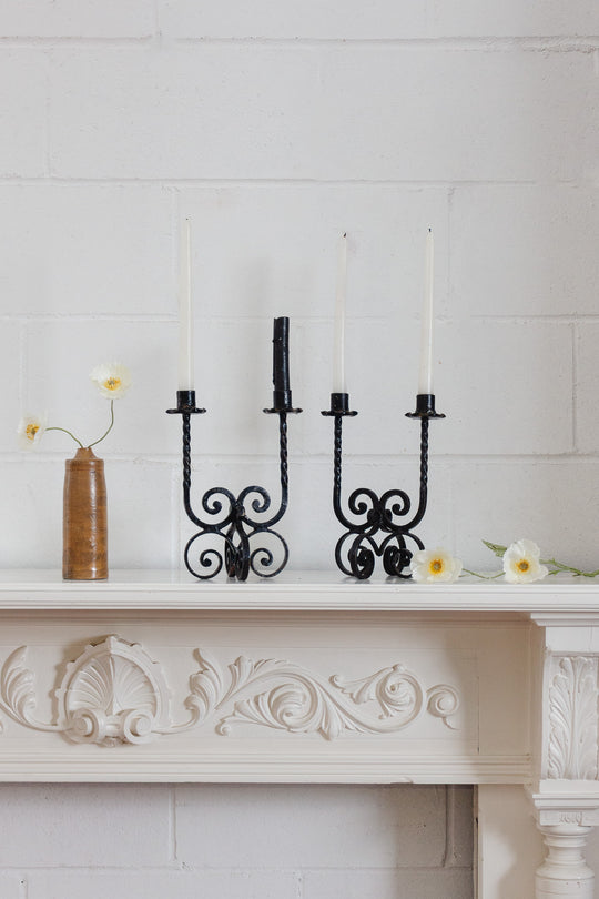 midcentury French brutalist wrought iron candlesticks