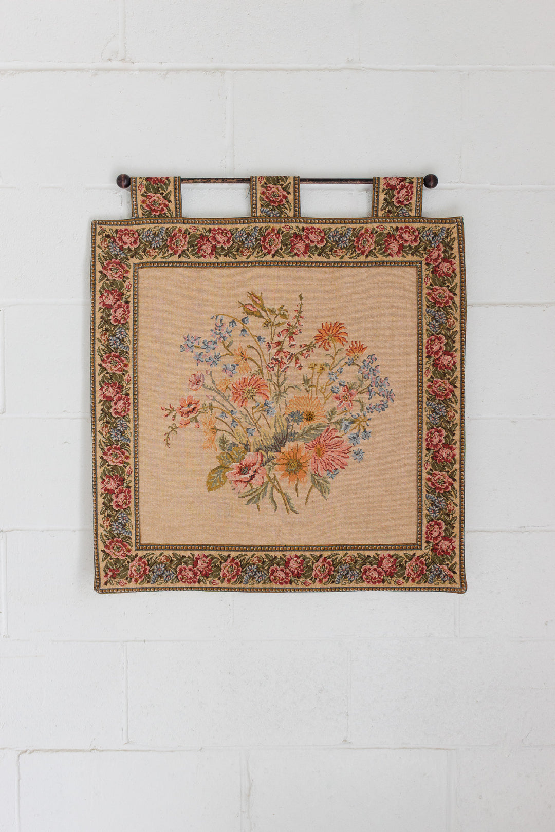 vintage french hanging tapestry with wooden dowel