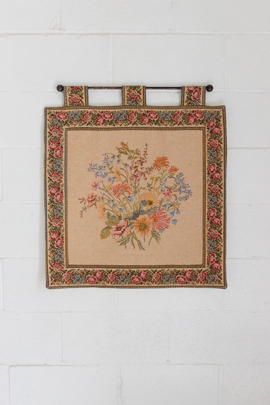 vintage french hanging tapestry with wooden dowel
