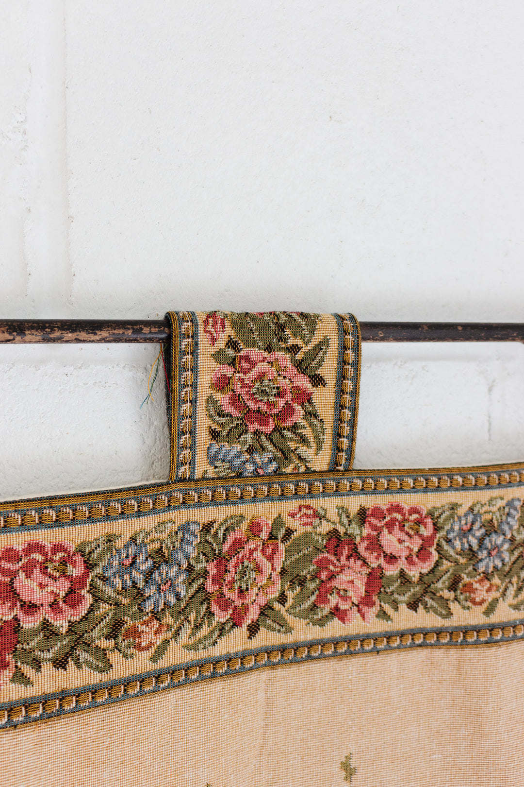 vintage french hanging tapestry with wooden dowel