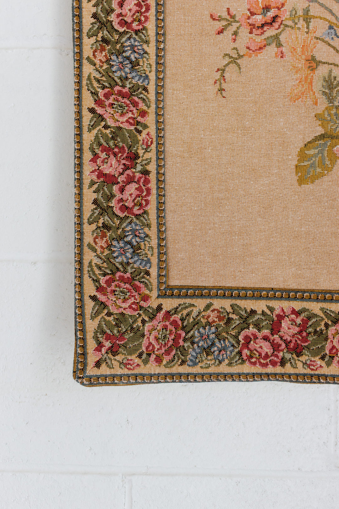 vintage french hanging tapestry with wooden dowel