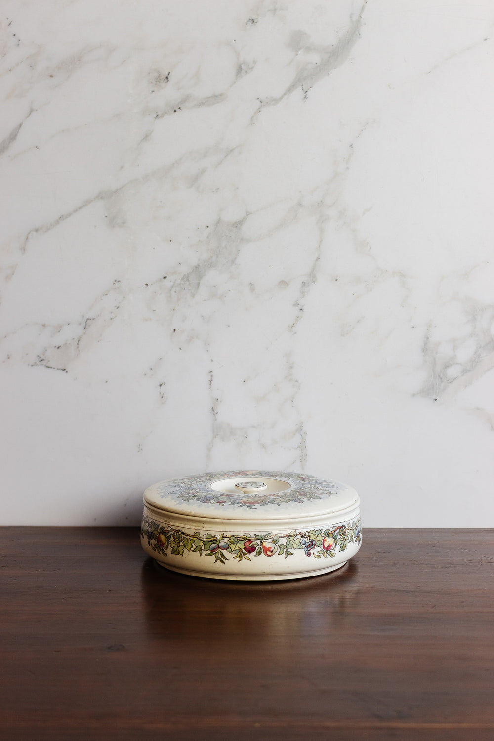 antique french sarreguemines lidded dish with fruit motif
